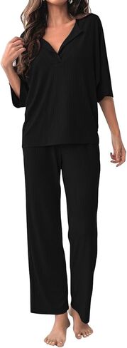 COSSEN Women’s 2 Piece Pajamas Set Ribbed Knit Loungewear Casual Outfits 3/4 Sleeve Tops and Wide Leg Pants Set in Saudi Arabia