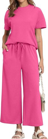 COSSEN Women’s 2 Piece Pajamas Set Ribbed Knit Loungewear Casual Outfits 3/4 Sleeve Tops and Wide Leg Pants Set in Saudi Arabia