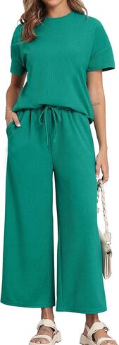 COSSEN Women’s 2 Piece Pajamas Set Ribbed Knit Loungewear Casual Outfits 3/4 Sleeve Tops and Wide Leg Pants Set in Saudi Arabia