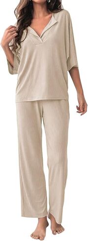 COSSEN Women’s 2 Piece Pajamas Set Ribbed Knit Loungewear Casual Outfits 3/4 Sleeve Tops and Wide Leg Pants Set in Saudi Arabia