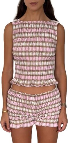 RUEWEY طقم بيجامة نسائي من القماش القطني منقوش بدون أكمام Smocked Shirred سليم صالح تانك توب مطوي شورت 2 قطعة صالة مجموعة in Kuwait