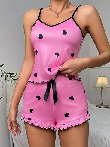 Women's Pajamas Set Pink Heart Print Spaghetti Strap Soft Breathable Sleepwear in Saudi Arabia