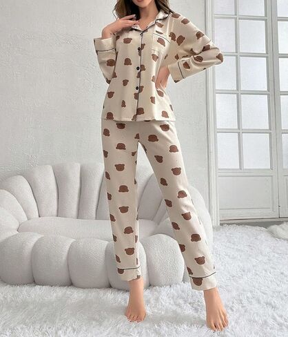 Women's Long-Sleeved Pajama Set, Soft Fabric, With Pockets, Elastic Waistband, Comfortable Women's Loungewear in Saudi Arabia