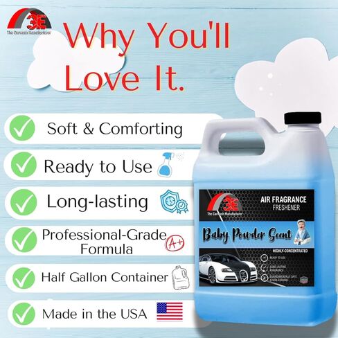 Air Freshener Baby Powder Scent and Odor Eliminator Premium Smell Fragrance Professional Car Wash & Detailer Grade Half Gallon (64 oz) USA Made in Kuwait