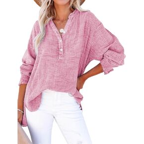 Womens Casual Tops Summer V Neck Button Down Long Sleeve T-Shirts Lightweight Breathable Loose Pullover Tee Shirts in Kuwait