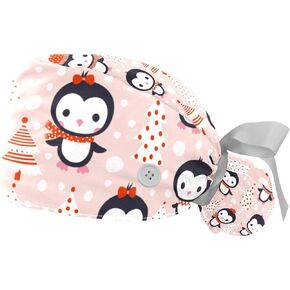2 Packs Working Cap with Buttons & Ribbon Tie for Women, One Size Working Head Cover, Nursing Surgery Cap Christmas Penguin Pink, Multicoloured 3, Medium-3X-Large in Kuwait