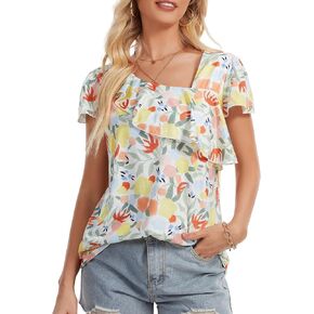 بلوزات نسائية صيفية غير متماثلة ورقبة على شكل حرف V، بلوزات كاجوال بأكمام مكشكشة مطبوعة بالزهور، قمصان ربيع الشاطئ فضفاضة in Kuwait