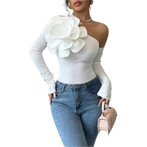 OYOANGLE Women's 3D Floral One Shoulder Tshirt Party Slim Fitted Going Out Tops in Kuwait