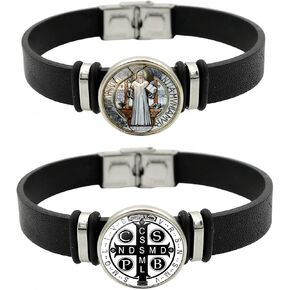 2 Pcs St. Benedict Medal Black Leather Bracelet, Catholic St. Benedict Lucky Protection Bracelet, Inspirational Prayer Religious Jewelry for Men and Women in Kuwait