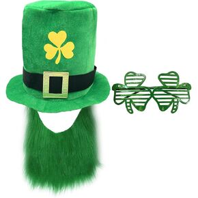 WLBON St. Patrick's Day Top Hat Beard Eyeglasses Glasses Shamrock Clover Cap Headpiece Women Men Green Party Hat for Leprechaun Irish Day Carnival Parade Cosplay Dress Up Birthday Party Accessories in Kuwait