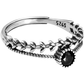 خاتم من الفضة الإسترليني s925 مرصع بالألماس بتصميم ورقة شجر من الفضة والألماس الأسود وخاتم مزدوج الفهرس in Kuwait