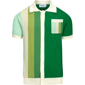 OXKNIT Men's Knitted Poloshirt, 1960s Mod Style Retro Gradient Green Stripes Cotton Cardigan Polo with Button in Kuwait