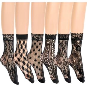 6 أزواج من جوارب الكاحل من الدانتيل للنساء، جوارب دانتيل سوداء أنيقة شبكة صيد السمك جورب الكاحل أسود مثير جورب شبكي مجوف للنساء in Kuwait