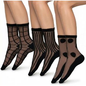 3 Pairs Black Sheer Socks Women Ankle, Women Sheer Ankle Socks Polka Dot Dress Sock See Through Sock,Dots, Stripes and Geometric,Summer in Kuwait