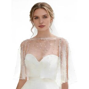 Pearl Shawl Wrap Shrug Wedding White Satin Edge Cape Elegant Tulle Sheer Bridal Bride Scarf Capelets Lace Dress Cover up Evening for Women in Kuwait