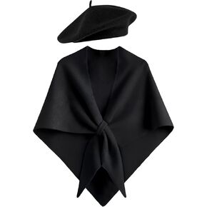 2 Pcs Women Triangle Shawl Wrap with French Beret Hat Soft Knitted Open Front Ponchos Sweater for Evening Dress in Kuwait