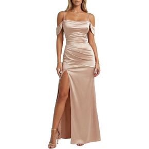 Women's Formal Off The Shoulder Evening Gown Built-in Bra High Slit Ruched Satin Wedding Guest Cocktail Maxi Dress in Kuwait