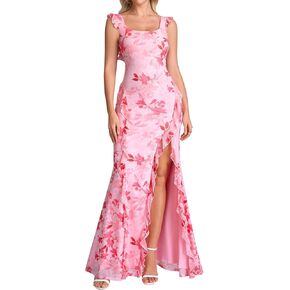 Parthea Women's Floral Square Neck Maxi Dress Sleeveless Ruffle Hem Bodycon Split Party Beach Wedding Guest Dress in Kuwait