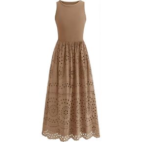 Summer Women's Casual Dress Sleeveless Round Neck A-Line Bohemian-Style Openwork Cotton Tank Dress (with Pockets) in Saudi Arabia