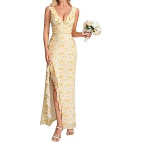 Parthea Women's Floral Ruffle Deep V Neck Maxi Dress Sleeveless High Split Hem Mesh Formal Wedding Guest Dress in Kuwait