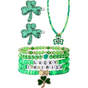 St Patrick's Day Bracelet Set - 3 Pcs St Patricks Day Accessories with Shamrock Hair Cilp Beaded Bracelet Necklace for Women, Green Leaf Decorations Supplies for Spring Themed Party in Kuwait