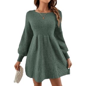Women's Knit Pullover Jumper Sweater Dress Solid Lantern Sleeve Short Sweater Dress Round Neck High Waist in Saudi Arabia
