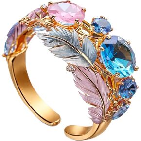 Blue Cubic Zirconia Feather Ring for Women, Gold Adjustable Boho Statement Open Band Rings Elegant Jewelry Gift for Weddings Vacations Birthdays in Kuwait