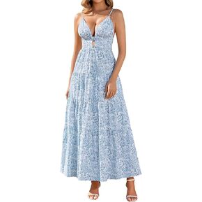 EYNMIN Summer Floral Maxi Casual Dress Boho V Neck Spaghetti Strap Long Flowy Ruffle Vacation Beach Sundresses for Women 2026 in Kuwait