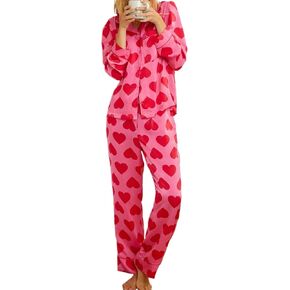 Aopwsrlyi نساء عيد الحب منامة لطيف القلب طباعة Pjs مجموعة زر أسفل قميص وسراويل مجموعة ملابس خاصة in Kuwait