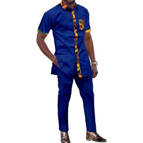 SEA&ALP Short Sleeve Men's Kente Print Patchwork Suit, Button Down African Dashiki Shirt Pants Outfit Attire Clothes in Kuwait