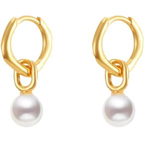 أقراط اللؤلؤ الذهبية للنساء، أقراط متدلية من اللؤلؤ مضادة للحساسية 14 قيراط مطلية بالذهب أقراط دائرية أنيقة للنساء أقراط هوجي ذهبية صغيرة عصرية هدايا مجوهرات الزفاف للنساء in Kuwait