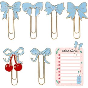 6 Pcs Cute Planner Accessories Blue Bow Paper Clip Large Metal Coquette Paper Clip Charms Preppy Cherry Planner Bookmarks for Office Home Supplies Gifts Wedding Valentine Decor in Kuwait