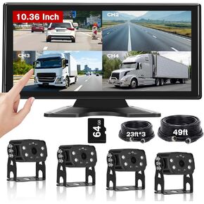 RV Backup Camera System, 10.36" Touch Monitor with Blind Spot Detection, 64GB Card, DVR Loop Recording, Music Video Play, 4 1080P IP69 Waterproof & IR Nightvision Camera for Semi Truck Trailer Camper in Kuwait