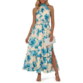 فستان نسائي صيفي برقبة رسن من Wenrine فستان طويل طويل مزهّر للعطلات فساتين بوهو للشمس رسمية متدفقة للسفر وحفلات الزفاف in Kuwait