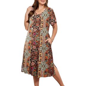 BELAROI Women Plus Size Dresses Summer Casual Midi Tshirt Dress V Neck Short Sleeve Long Maxi Side Split Pockets in Kuwait