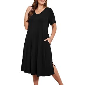 BELAROI Women Plus Size Dresses Summer Casual Midi Tshirt Dress V Neck Short Sleeve Long Maxi Side Split Pockets in Saudi Arabia