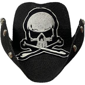 Lightweight Punk Straw Weaving Hat for Women Men Breathable Cowboy Cap with Embroidery Skull Cap Cattlema in Kuwait