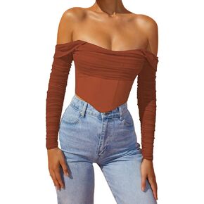 مشد نسائي شبكي شفاف منتفخ من الدانتيل مكشوف الأكتاف مثير مطوي من الشيفون بوستير للنساء اللطيفات العصري in Kuwait