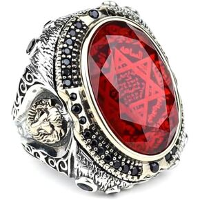 Handmade Men's Ruby Ring - 925 Sterling Silver Seal of Solomon & Lion Head Ring - Natural Oval Ruby Stone - Turkish Artisan Jewelry in Kuwait