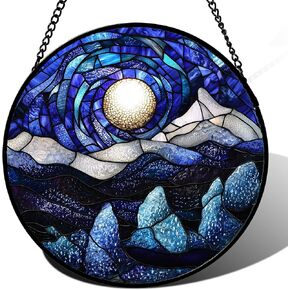 نافذة زجاجية ملونة معلقة، جبال زرقاء متدرجة، صائد شمس القمر لنافذة ديكور المنزل، مناظر طبيعية ثلجية، هدايا عيد ميلاد الأم للنساء والرجال والأم والنانا 9.8 بوصة in Kuwait