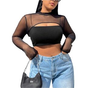 SHENHE Women's Plus Size Sheer Mesh Crop Top Shrug Sexy Long Sleeve See Through Shirt Streetwear in Saudi Arabia