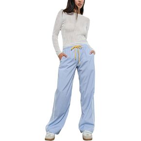 بنطال Gozoloma النسائي المقلم بتصميم دانتيل جانبي وبنطلون واسع الساق مع جيوب in Kuwait