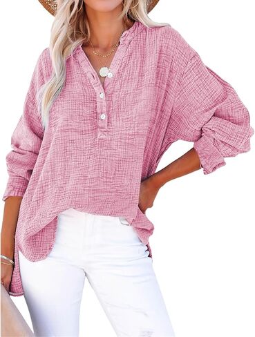 Womens Casual Tops Summer V Neck Button Down Long Sleeve T-Shirts Lightweight Breathable Loose Pullover Tee Shirts in Saudi Arabia