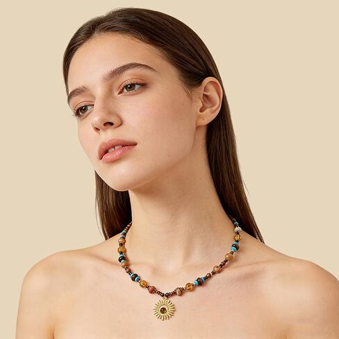 MEETCUTE Sunflower Tiger's Eye Pendant Beaded Necklace for Women, Vintage Boho-Charm Necklace Fashion Chain Accessory Creative, Dainty Jewelry GiftS in Kuwait