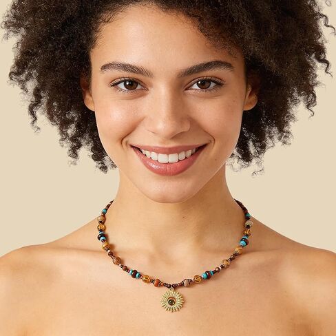 MEETCUTE Sunflower Tiger's Eye Pendant Beaded Necklace for Women, Vintage Boho-Charm Necklace Fashion Chain Accessory Creative, Dainty Jewelry GiftS in Kuwait