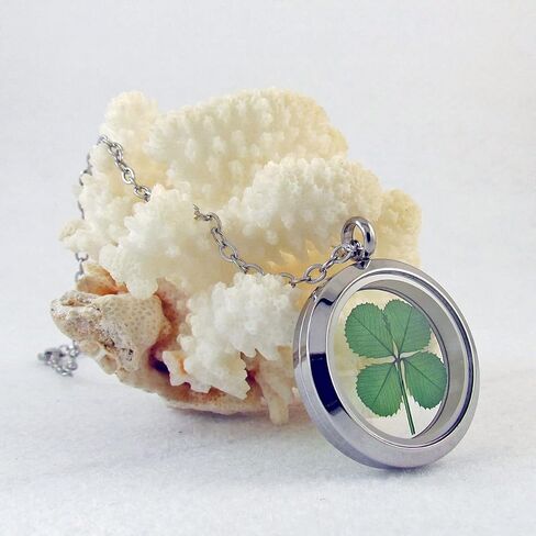 Genuine Preserved Four Leaf Clover Good Luck Charm Stainless Steel Pendant Necklace in Saudi Arabia
