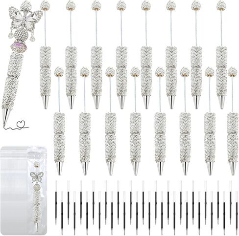 48 Pcs DIY Diamond Beadable Pen Kit - 16 Plastic Rhinestone Beaded Pens Bulk with Refills & Bags - Beaded Pen Kit for Students & Teachers – School Projects, Office Gifts (Multicolor) in Kuwait