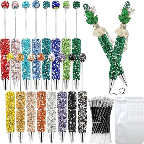 48 Pcs DIY Diamond Beadable Pen Kit - 16 Plastic Rhinestone Beaded Pens Bulk with Refills & Bags - Beaded Pen Kit for Students & Teachers – School Projects, Office Gifts (Multicolor) in Saudi Arabia