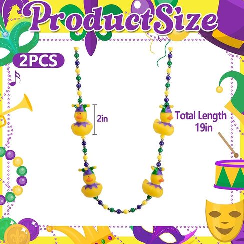 Wehhbtye 2 Pcs Mardi Gras Rubber Duck Beads Necklace, Mardi Gras Jester Ducks Beads Necklace, Purple Gold Green Beaded Duck Necklaces for Carnival New Orleans Parade Party Costume Accessories in Kuwait