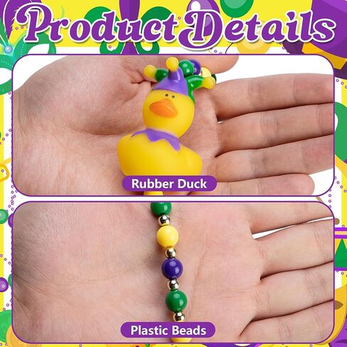Wehhbtye 2 Pcs Mardi Gras Rubber Duck Beads Necklace, Mardi Gras Jester Ducks Beads Necklace, Purple Gold Green Beaded Duck Necklaces for Carnival New Orleans Parade Party Costume Accessories in Kuwait